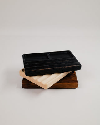 Monolith Desk Tray in black oak and walnut stacked — showing contrast between ebonized and natural hardwood finishes