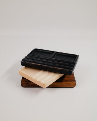 Monolith Desk Tray in black oak and maple stacked — showing contrast between dark and light hardwood finishes